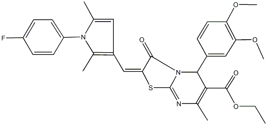 ethyl 5-(3,4-dimethoxyphenyl)-2-{[1-(4-fluorophenyl)-2,5-dimethyl-1H-pyrrol-3-yl]methylene}-7-methyl-3-oxo-2,3-dihydro-5H-[1,3]thiazolo[3,2-a]pyrimidine-6-carboxylate 结构式