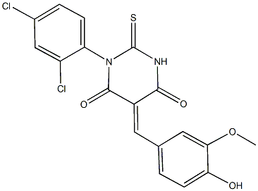 1-(2,4-dichlorophenyl)-5-(4-hydroxy-3-methoxybenzylidene)-2-thioxodihydro-4,6(1H,5H)-pyrimidinedione 结构式