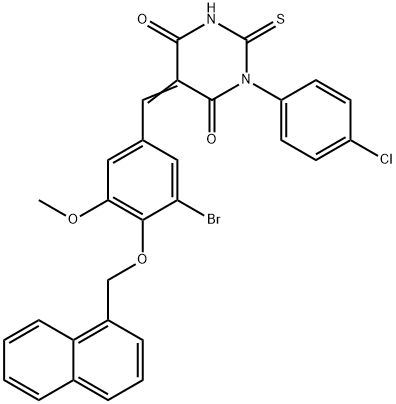 5-[3-bromo-5-methoxy-4-(1-naphthylmethoxy)benzylidene]-1-(4-chlorophenyl)-2-thioxodihydro-4,6(1H,5H)-pyrimidinedione 结构式