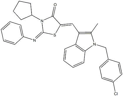 5-{[1-(4-chlorobenzyl)-2-methyl-1H-indol-3-yl]methylene}-3-cyclopentyl-2-(phenylimino)-1,3-thiazolidin-4-one 结构式