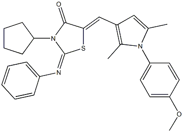 3-cyclopentyl-5-{[1-(4-methoxyphenyl)-2,5-dimethyl-1H-pyrrol-3-yl]methylene}-2-(phenylimino)-1,3-thiazolidin-4-one 结构式