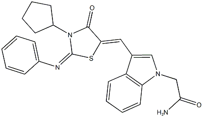 2-(3-{[3-cyclopentyl-4-oxo-2-(phenylimino)-1,3-thiazolidin-5-ylidene]methyl}-1H-indol-1-yl)acetamide 结构式