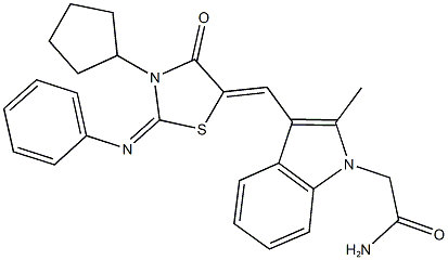 2-(3-{[3-cyclopentyl-4-oxo-2-(phenylimino)-1,3-thiazolidin-5-ylidene]methyl}-2-methyl-1H-indol-1-yl)acetamide 结构式