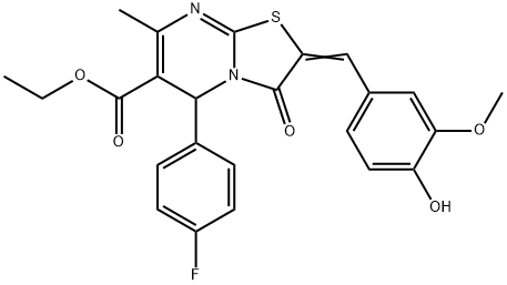 ethyl 5-(4-fluorophenyl)-2-(4-hydroxy-3-methoxybenzylidene)-7-methyl-3-oxo-2,3-dihydro-5H-[1,3]thiazolo[3,2-a]pyrimidine-6-carboxylate 结构式