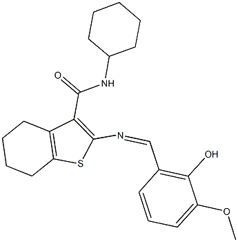 N-cyclohexyl-2-[(2-hydroxy-3-methoxybenzylidene)amino]-4,5,6,7-tetrahydro-1-benzothiophene-3-carboxamide 结构式