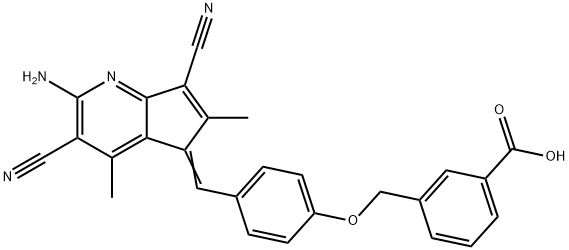 3-({4-[(2-amino-3,7-dicyano-4,6-dimethyl-5H-cyclopenta[b]pyridin-5-ylidene)methyl]phenoxy}methyl)benzoic acid 结构式