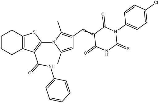 2-{3-[(1-(4-chlorophenyl)-4,6-dioxo-2-thioxotetrahydro-5(2H)-pyrimidinylidene)methyl]-2,5-dimethyl-1H-pyrrol-1-yl}-N-phenyl-4,5,6,7-tetrahydro-1-benzothiophene-3-carboxamide 结构式
