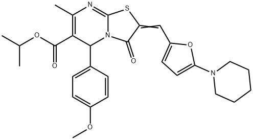 isopropyl 5-(4-methoxyphenyl)-7-methyl-3-oxo-2-{[5-(1-piperidinyl)-2-furyl]methylene}-2,3-dihydro-5H-[1,3]thiazolo[3,2-a]pyrimidine-6-carboxylate 结构式