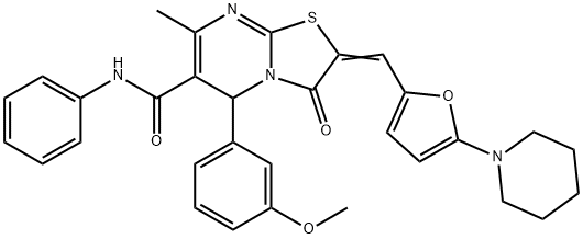 5-(3-methoxyphenyl)-7-methyl-3-oxo-N-phenyl-2-{[5-(1-piperidinyl)-2-furyl]methylene}-2,3-dihydro-5H-[1,3]thiazolo[3,2-a]pyrimidine-6-carboxamide 结构式