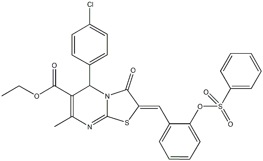 ethyl 5-(4-chlorophenyl)-7-methyl-3-oxo-2-{2-[(phenylsulfonyl)oxy]benzylidene}-2,3-dihydro-5H-[1,3]thiazolo[3,2-a]pyrimidine-6-carboxylate 结构式