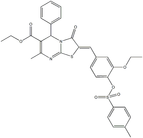 ethyl 2-(3-ethoxy-4-{[(4-methylphenyl)sulfonyl]oxy}benzylidene)-7-methyl-3-oxo-5-phenyl-2,3-dihydro-5H-[1,3]thiazolo[3,2-a]pyrimidine-6-carboxylate 结构式