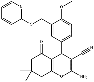 2-amino-4-{4-methoxy-3-[(2-pyridinylsulfanyl)methyl]phenyl}-7,7-dimethyl-5-oxo-5,6,7,8-tetrahydro-4H-chromene-3-carbonitrile 结构式