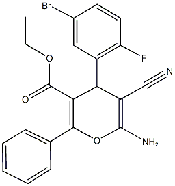 ethyl 6-amino-4-(5-bromo-2-fluorophenyl)-5-cyano-2-phenyl-4H-pyran-3-carboxylate 结构式