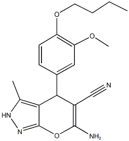 6-amino-4-(4-butoxy-3-methoxyphenyl)-3-methyl-2,4-dihydropyrano[2,3-c]pyrazole-5-carbonitrile 结构式