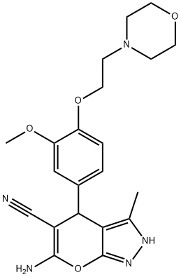 6-amino-4-{3-methoxy-4-[2-(4-morpholinyl)ethoxy]phenyl}-3-methyl-2,4-dihydropyrano[2,3-c]pyrazole-5-carbonitrile 结构式
