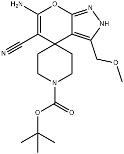 6-amino-5-cyano-1'-tert-butoxycarbonyl-3-(methoxymethyl)-2,4-dihydrospiro[pyrano[2,3-c]pyrazole-4,4'-piperidine] 结构式