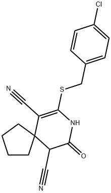 7-[(4-chlorobenzyl)sulfanyl]-9-oxo-8-azaspiro[4.5]dec-6-ene-6,10-dicarbonitrile 结构式
