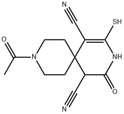 9-acetyl-4-oxo-2-sulfanyl-3,9-diazaspiro[5.5]undec-1-ene-1,5-dicarbonitrile 结构式