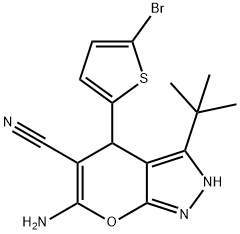 6-amino-4-(5-bromo-2-thienyl)-3-tert-butyl-2,4-dihydropyrano[2,3-c]pyrazole-5-carbonitrile 结构式