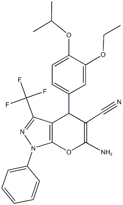 6-amino-4-(3-ethoxy-4-isopropoxyphenyl)-1-phenyl-3-(trifluoromethyl)-1,4-dihydropyrano[2,3-c]pyrazole-5-carbonitrile 结构式