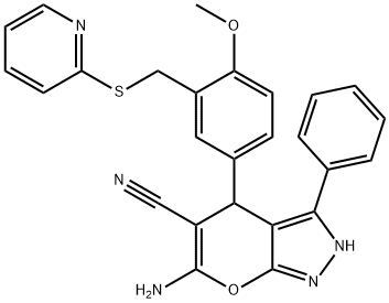 6-amino-4-{4-methoxy-3-[(2-pyridinylsulfanyl)methyl]phenyl}-3-phenyl-2,4-dihydropyrano[2,3-c]pyrazole-5-carbonitrile 结构式