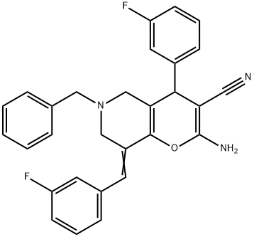 2-amino-6-benzyl-8-(3-fluorobenzylidene)-4-(3-fluorophenyl)-5,6,7,8-tetrahydro-4H-pyrano[3,2-c]pyridine-3-carbonitrile 结构式