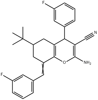 2-amino-6-tert-butyl-8-(3-fluorobenzylidene)-4-(3-fluorophenyl)-5,6,7,8-tetrahydro-4H-chromene-3-carbonitrile 结构式