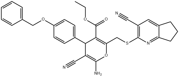 ethyl 6-amino-4-[4-(benzyloxy)phenyl]-5-cyano-2-{[(3-cyano-6,7-dihydro-5H-cyclopenta[b]pyridin-2-yl)sulfanyl]methyl}-4H-pyran-3-carboxylate 结构式