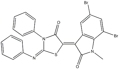 5,7-dibromo-1-methyl-3-[4-oxo-3-phenyl-2-(phenylimino)-1,3-thiazolidin-5-ylidene]-1,3-dihydro-2H-indol-2-one 结构式