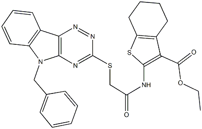 ethyl 2-({[(5-benzyl-5H-[1,2,4]triazino[5,6-b]indol-3-yl)sulfanyl]acetyl}amino)-4,5,6,7-tetrahydro-1-benzothiophene-3-carboxylate 结构式