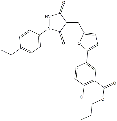 propyl 2-chloro-5-(5-{[1-(4-ethylphenyl)-3,5-dioxo-4-pyrazolidinylidene]methyl}-2-furyl)benzoate 结构式