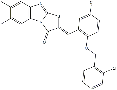 2-{5-chloro-2-[(2-chlorobenzyl)oxy]benzylidene}-6,7-dimethyl[1,3]thiazolo[3,2-a]benzimidazol-3(2H)-one 结构式