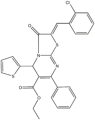 ethyl 2-(2-chlorobenzylidene)-3-oxo-7-phenyl-5-(2-thienyl)-2,3-dihydro-5H-[1,3]thiazolo[3,2-a]pyrimidine-6-carboxylate 结构式