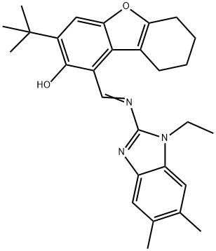 3-tert-butyl-1-{[(1-ethyl-5,6-dimethyl-1H-benzimidazol-2-yl)imino]methyl}-6,7,8,9-tetrahydrodibenzo[b,d]furan-2-ol 结构式