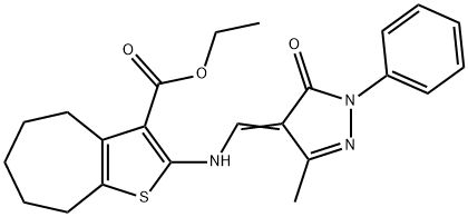 ethyl 2-{[(3-methyl-5-oxo-1-phenyl-1,5-dihydro-4H-pyrazol-4-ylidene)methyl]amino}-5,6,7,8-tetrahydro-4H-cyclohepta[b]thiophene-3-carboxylate 结构式