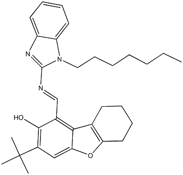 3-tert-butyl-1-{[(1-heptyl-1H-benzimidazol-2-yl)imino]methyl}-6,7,8,9-tetrahydrodibenzo[b,d]furan-2-ol 结构式
