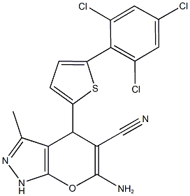 6-amino-3-methyl-4-(5-(2,4,6-trichlorophenyl)thien-2-yl)-1,4-dihydropyrano[2,3-c]pyrazole-5-carbonitrile 结构式
