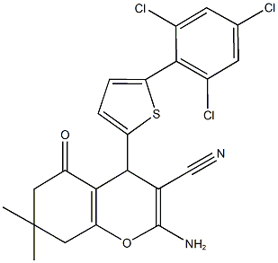 2-amino-7,7-dimethyl-5-oxo-4-(5-(2,4,6-trichlorophenyl)thien-2-yl)-5,6,7,8-tetrahydro-4H-chromene-3-carbonitrile 结构式