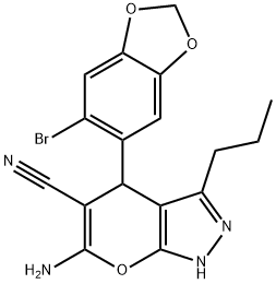 6-amino-4-(6-bromo-1,3-benzodioxol-5-yl)-3-propyl-1,4-dihydropyrano[2,3-c]pyrazole-5-carbonitrile 结构式