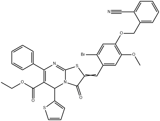 ethyl 2-{2-bromo-4-[(2-cyanobenzyl)oxy]-5-methoxybenzylidene}-3-oxo-7-phenyl-5-(2-thienyl)-2,3-dihydro-5H-[1,3]thiazolo[3,2-a]pyrimidine-6-carboxylate 结构式