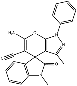 6'-amino-1,3'-dimethyl-1'-phenyl-1,1',3,4'-tetrahydro-2-oxospiro(2H-indole-3,4'-pyrano[2,3-c]pyrazole)-5'-carbonitrile 结构式