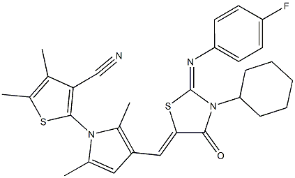 2-[3-({3-cyclohexyl-2-[(4-fluorophenyl)imino]-4-oxo-1,3-thiazolidin-5-ylidene}methyl)-2,5-dimethyl-1H-pyrrol-1-yl]-4,5-dimethyl-3-thiophenecarbonitrile 结构式