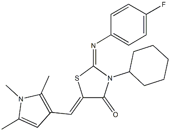 3-cyclohexyl-2-[(4-fluorophenyl)imino]-5-[(1,2,5-trimethyl-1H-pyrrol-3-yl)methylene]-1,3-thiazolidin-4-one 结构式