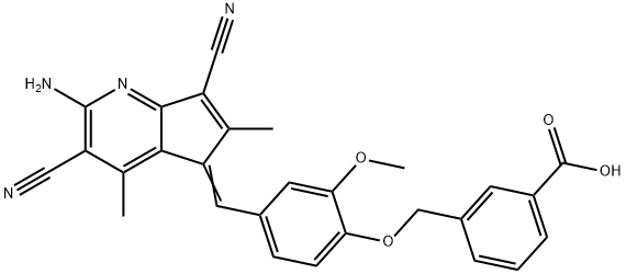 3-({4-[(2-amino-3,7-dicyano-4,6-dimethyl-5H-cyclopenta[b]pyridin-5-ylidene)methyl]-2-methoxyphenoxy}methyl)benzoic acid 结构式