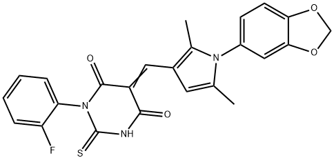 5-{[1-(1,3-benzodioxol-5-yl)-2,5-dimethyl-1H-pyrrol-3-yl]methylene}-1-(2-fluorophenyl)-2-thioxodihydro-4,6(1H,5H)-pyrimidinedione 结构式