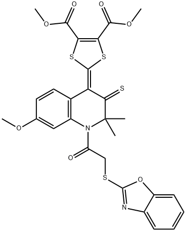 dimethyl 2-(1-[(1,3-benzoxazol-2-ylsulfanyl)acetyl]-7-methoxy-2,2-dimethyl-3-thioxo-2,3-dihydro-4(1H)-quinolinylidene)-1,3-dithiole-4,5-dicarboxylate 结构式