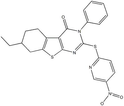 7-ethyl-2-({5-nitro-2-pyridinyl}sulfanyl)-3-phenyl-5,6,7,8-tetrahydro[1]benzothieno[2,3-d]pyrimidin-4(3H)-one 结构式