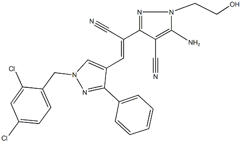 5-amino-3-{1-cyano-2-[1-(2,4-dichlorobenzyl)-3-phenyl-1H-pyrazol-4-yl]vinyl}-1-(2-hydroxyethyl)-1H-pyrazole-4-carbonitrile 结构式