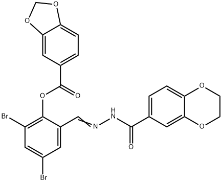 2,4-dibromo-6-[2-(2,3-dihydro-1,4-benzodioxin-6-ylcarbonyl)carbohydrazonoyl]phenyl 1,3-benzodioxole-5-carboxylate 结构式