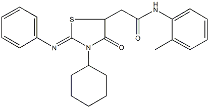 2-[3-cyclohexyl-4-oxo-2-(phenylimino)-1,3-thiazolidin-5-yl]-N-(2-methylphenyl)acetamide 结构式